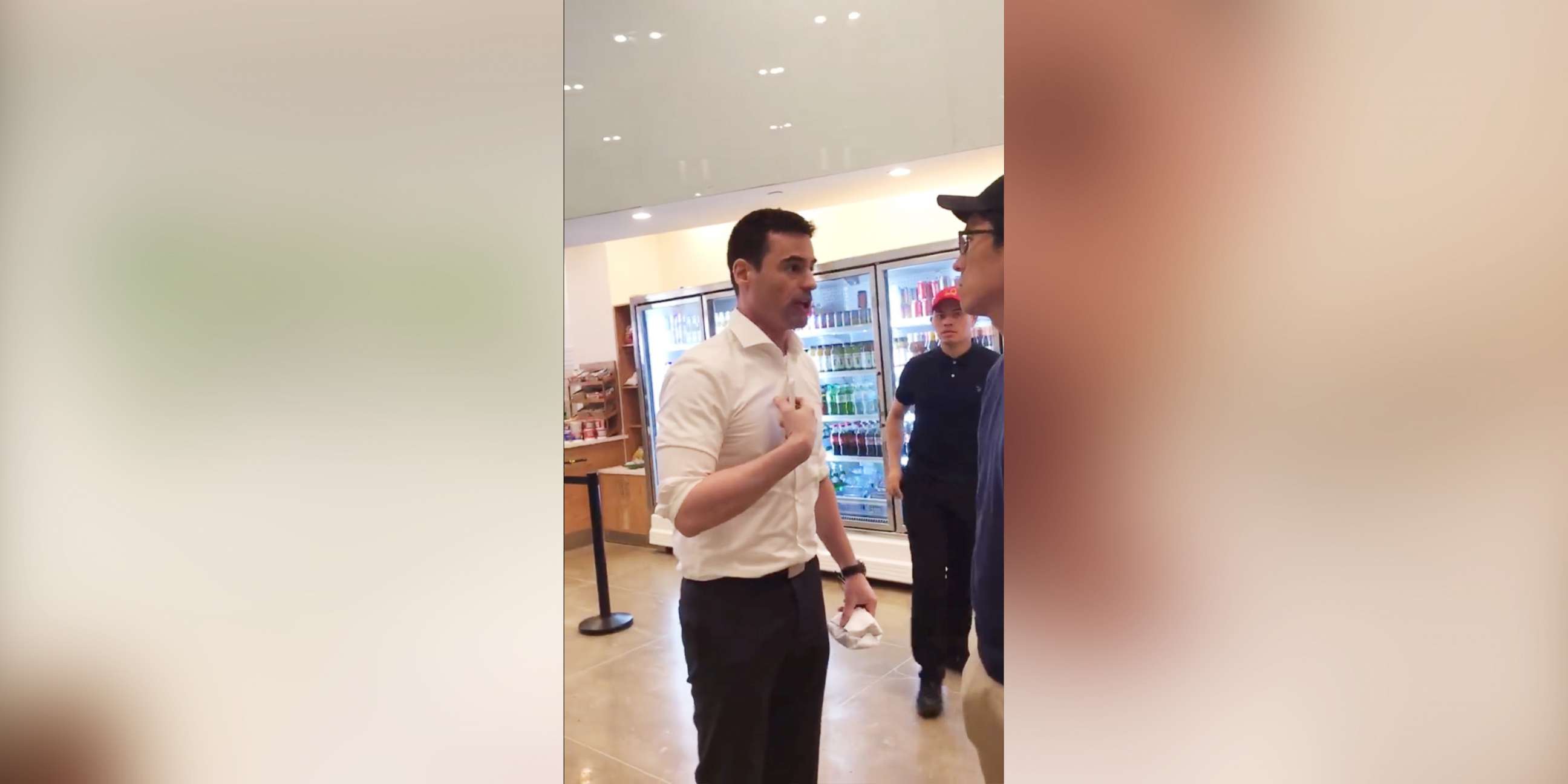 PHOTO: An image made from video shared to social media on May 15, 2018 shows a man who threatened to call ICE on people who spoke Spanish in a restaurant in New York.