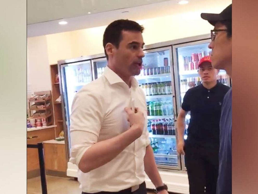 PHOTO: An image made from video shared to social media on May 15, 2018 shows a man who threatened to call ICE on people who spoke Spanish in a restaurant in New York.