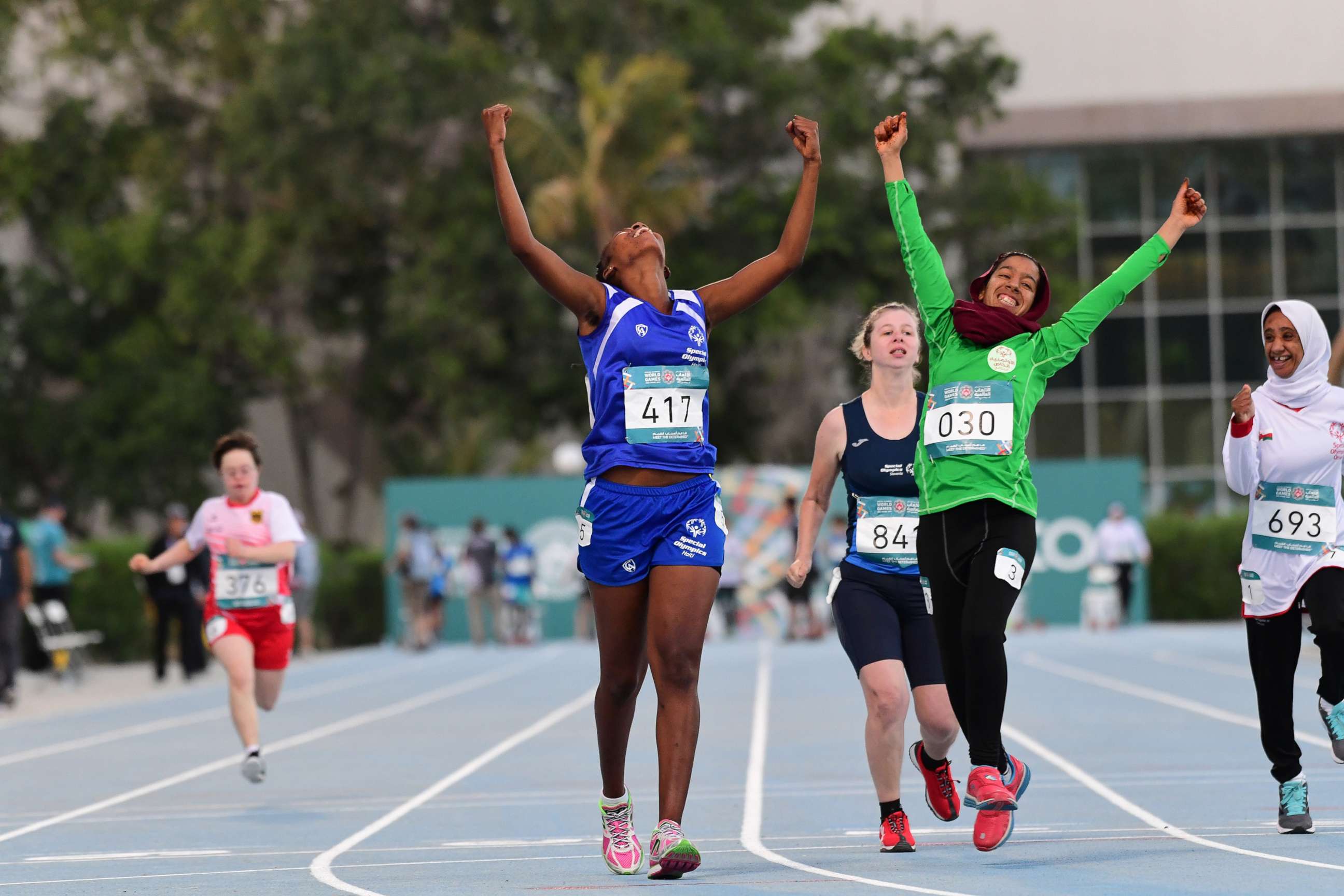 PHOTO: Widjmy Charles of Haiti and Dalila Semichi of Algeria competing in track and field during the 2019 Special Olympics World Games, March 18, 2019, in Abu Dhabi, UAE.