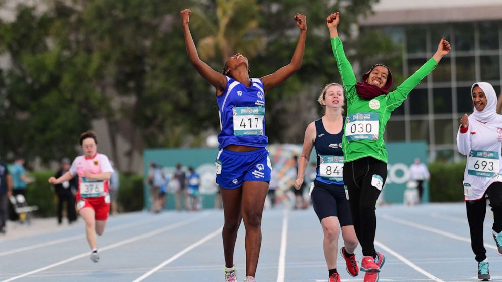 PHOTO: Widjmy Charles of Haiti and Dalila Semichi of Algeria competing in track and field during the 2019 Special Olympics World Games, March 18, 2019, in Abu Dhabi, UAE.