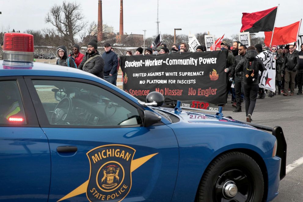 PHOTO: Demonstrators at Michigan State University protest a speech by white nationalist Richard Spencer, March 5, 2018, in East Lansing, Michigan.