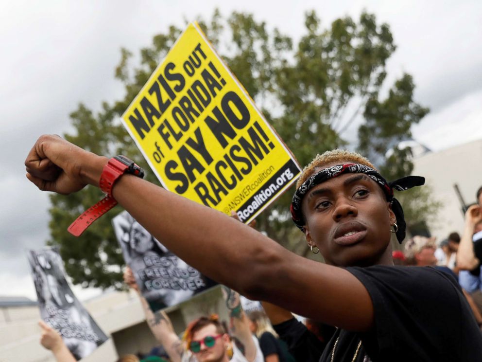 PHOTO: Demonstrators gather outside the location where Richard Spencer is delivering a speech on the campus of the University of Florida in Gainesville, Florida, Oct. 19, 2017.