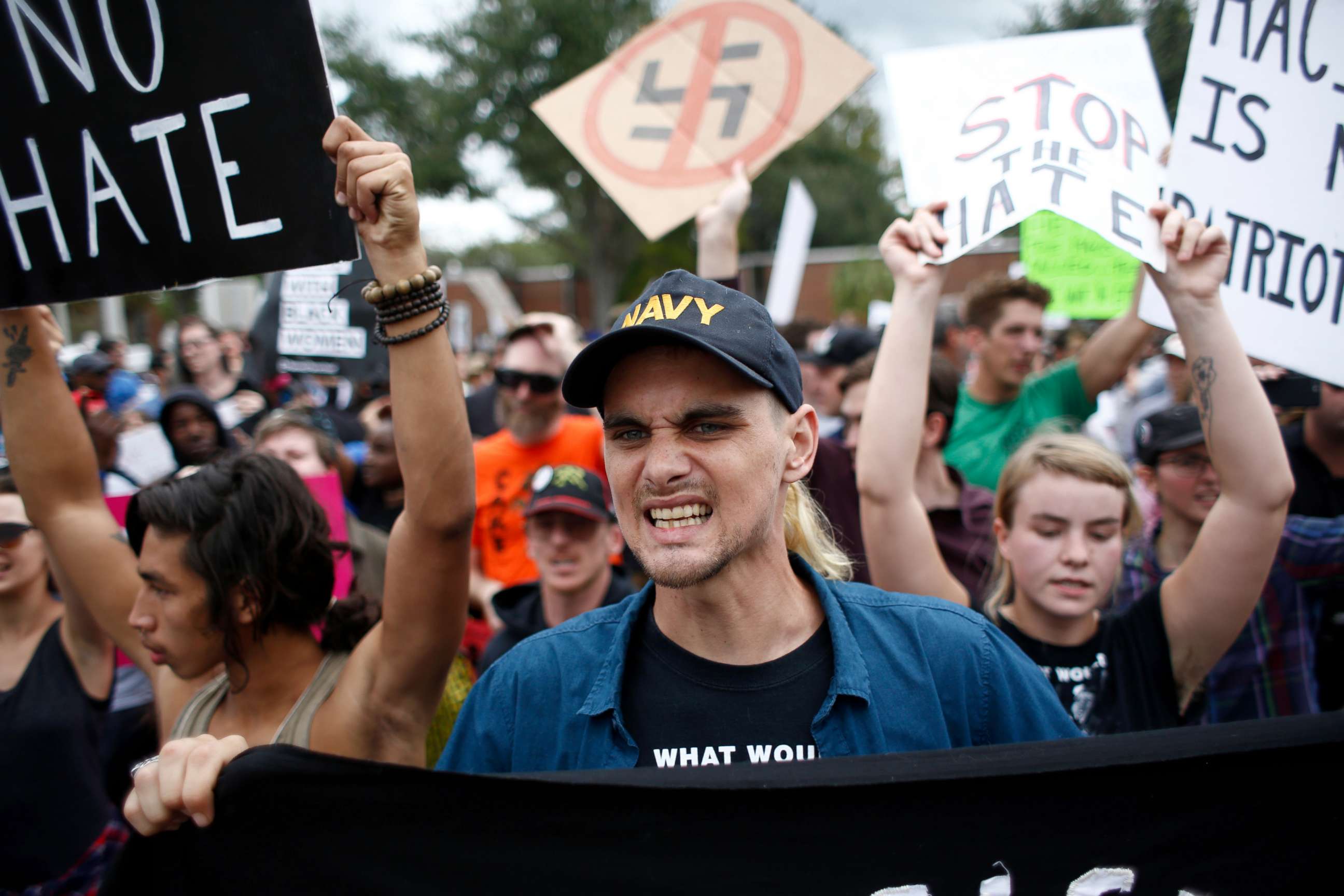 PHOTO: Demonstrators gather at the site of a planned speech by white nationalist Richard Spencer, who popularized the term 'alt-right', at the University of Florida campus, Oct. 19, 2017, in Gainesville, Florida.