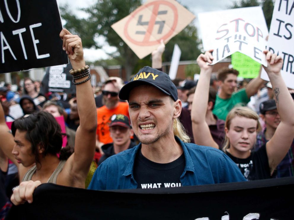 PHOTO: Demonstrators gather at the site of a planned speech by white nationalist Richard Spencer, who popularized the term alt-right, at the University of Florida campus, Oct. 19, 2017, in Gainesville, Florida.