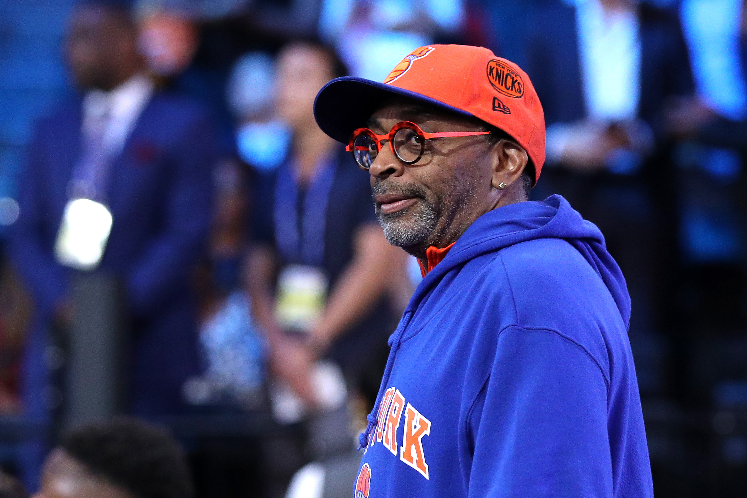 PHOTO: Director and New York Knicks fan Spike Lee looks on before the start of the 2019 NBA Draft at the Barclays Center, June 20, 2019, in New York City.