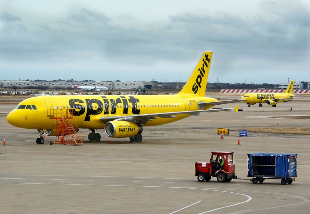 PHOTO: A Spirit Airlines plane is parked on the tarmac at Dallas/Fort Worth International Airport in Texas in this file photo dated December 12, 2018.