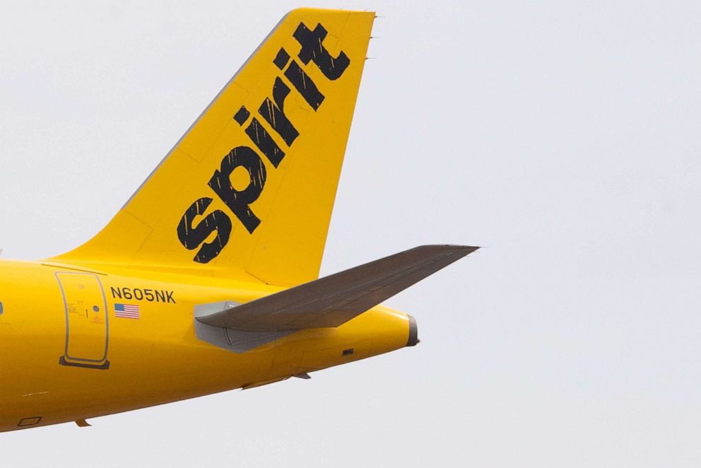 PHOTO: In this March 11, 2019, file photo, the tail section of a Spirit Airlines plane is seen as it approaches for landing at Baltimore Washington International Airport near Baltimore.