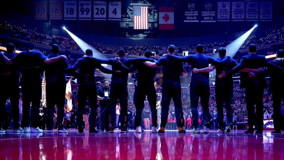 PHOTO: The Utah Jazz stand together during the national anthem prior to Game Seven of the Western Conference Quarterfinals against the Los Angeles Clippers at the Staples Center, April 30, 2017, in Los Angeles.