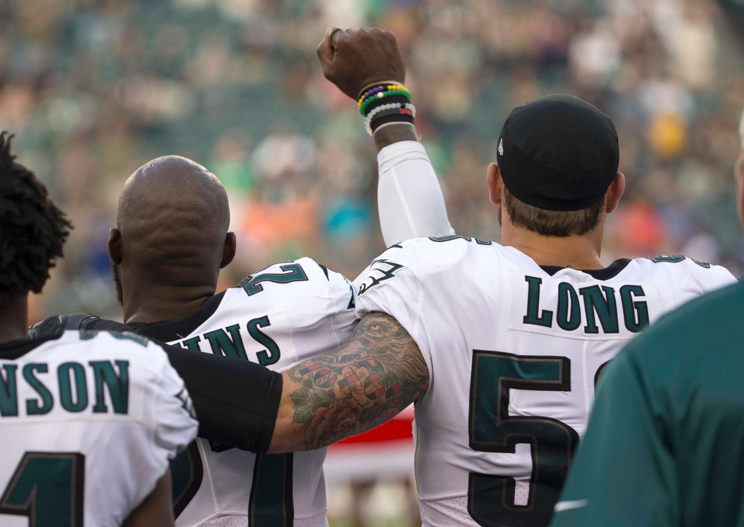 PHOTO: Malcolm Jenkins #27 of the Philadelphia Eagles holds his fist in the air during the national anthem prior to the preseason game against the Buffalo Bills at Lincoln Financial Field, Aug. 17, 2017 in Philadelphia.