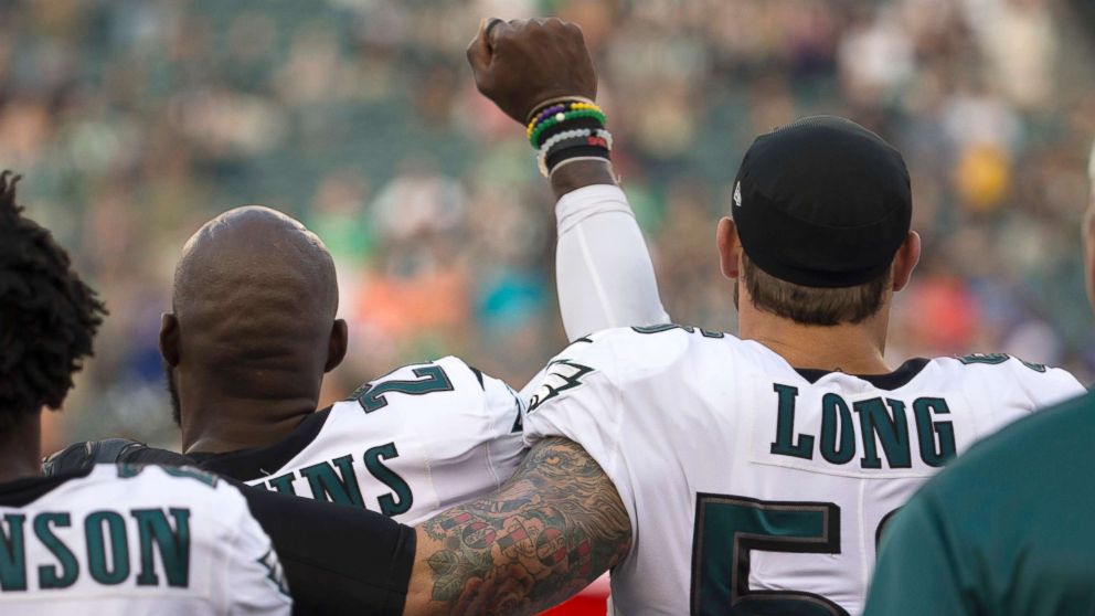 PHOTO: Malcolm Jenkins #27 of the Philadelphia Eagles holds his fist in the air during the national anthem prior to the preseason game against the Buffalo Bills at Lincoln Financial Field, Aug. 17, 2017 in Philadelphia.