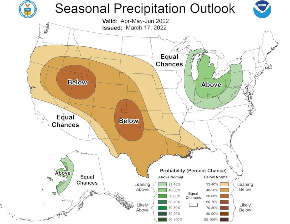 PHOTO: The 2022 seasonal precipitation outlook is shown on a handout map graphic from the National Oceanic and Atmospheric Administration, March 17, 2022.