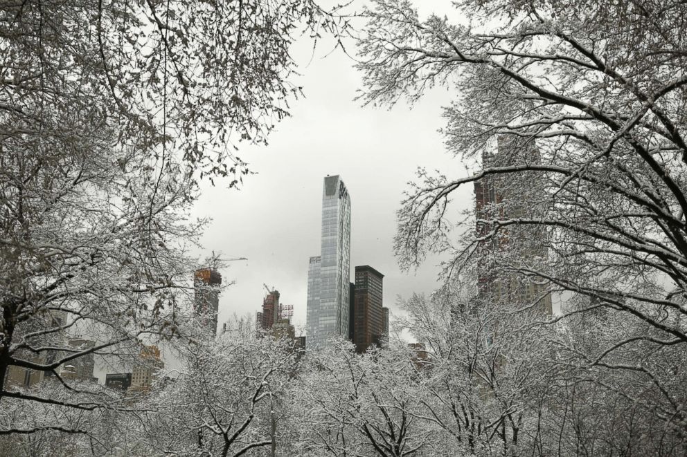 PHOTO: Snow covered branches frame a view of Manhattan from Central Park West in New York after an early spring storm on April 2, 2018.