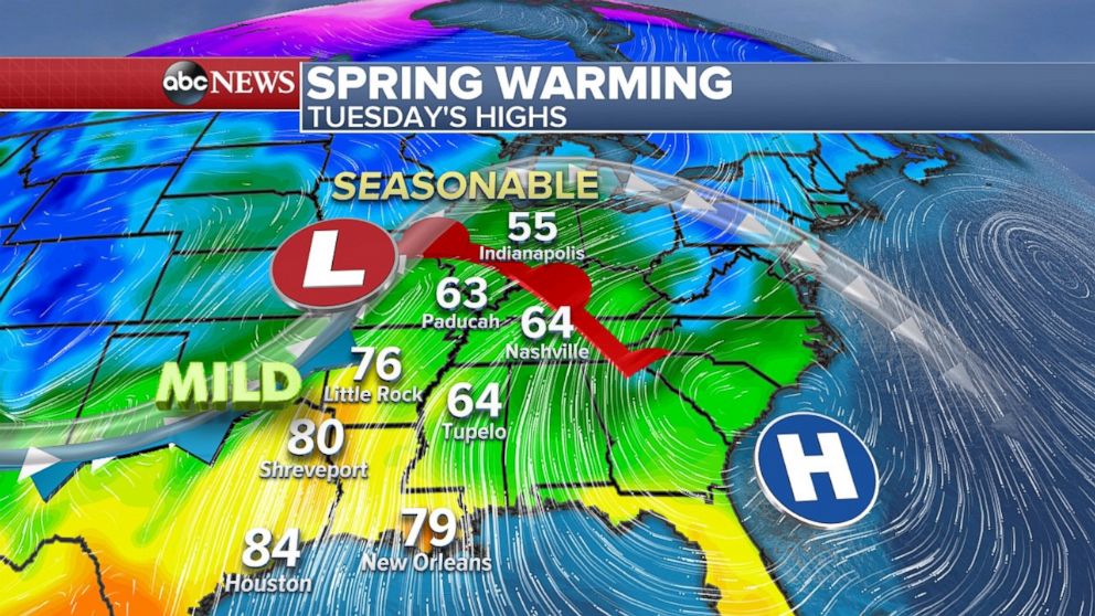 Spring warming will take place in the middle of the country on Tuesday and move east later in the week.