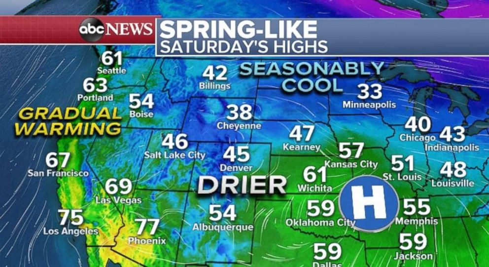 PHOTO: Spring-like temperatures are in place across much of the western and central U.S. on Saturday.