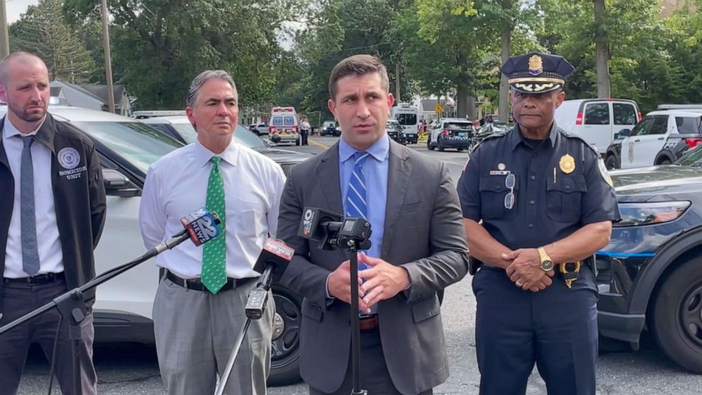 PHOTO: Hampden District Attorney Gulluni, Springfield Mayor Sarno, Springfield Police Deputy Chief Akers and Hampden ADA Bennett provide a briefing on an incident that occurred inside 174 Berkshire Avenue around 2:40 p.m. on Aug. 14, 2023.