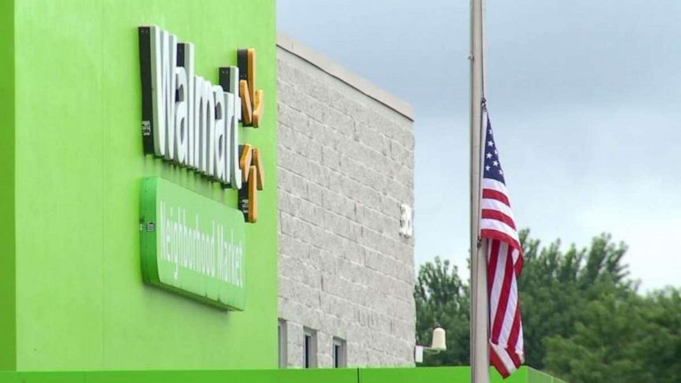 PHOTO: The man was detained by an off-duty armed firefighter until police arrived. The flag in front of the Walmart was at half-staff in honor of the victims who died in the El Paso, Texas, Walmart shooting last week. Aug. 8, 2019.