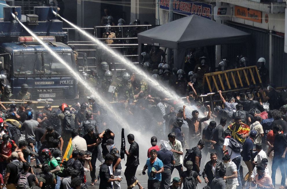 PHOTO: Police uses water cannons to disperse demonstrators near President's residence during a protest demanding the resignation of President Gotabaya Rajapaksa, amid the country's economic crisis, in Colombo, Sri Lanka, July 9, 2022.