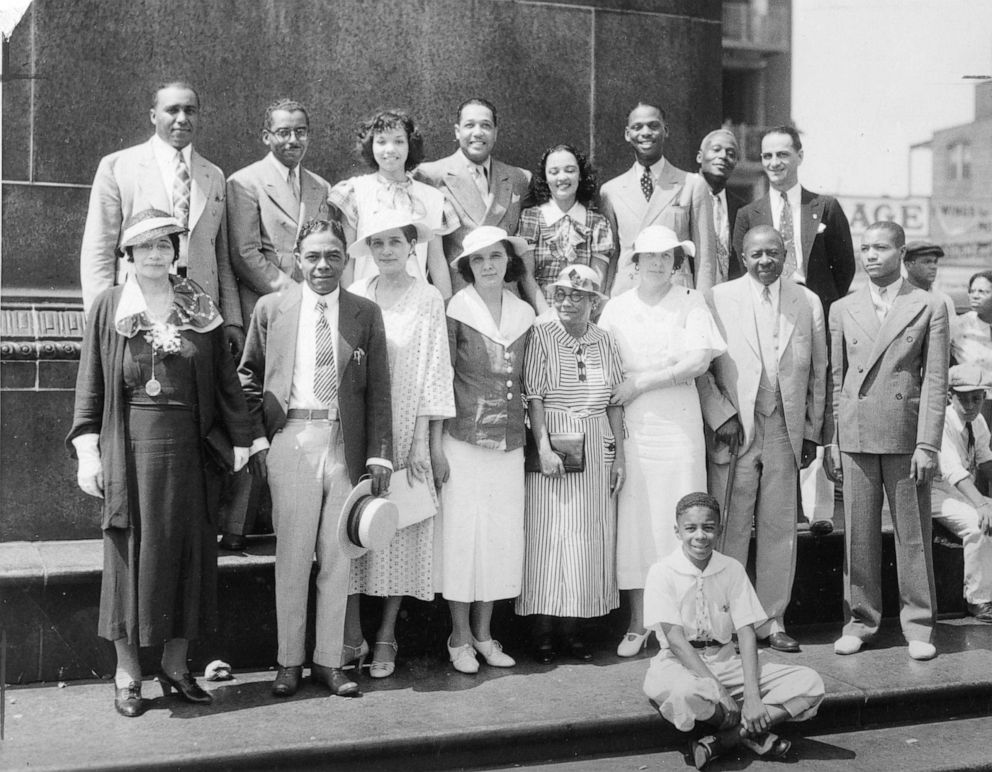 PHOTO: Various dignitaries are shown in this group portrait taken at the Bud Billiken parade in Chicago in 1934. Among those pictured are the parade's founder, Robert Sengstacke Abbott, and musicians Duke Ellington and Earl Hines.