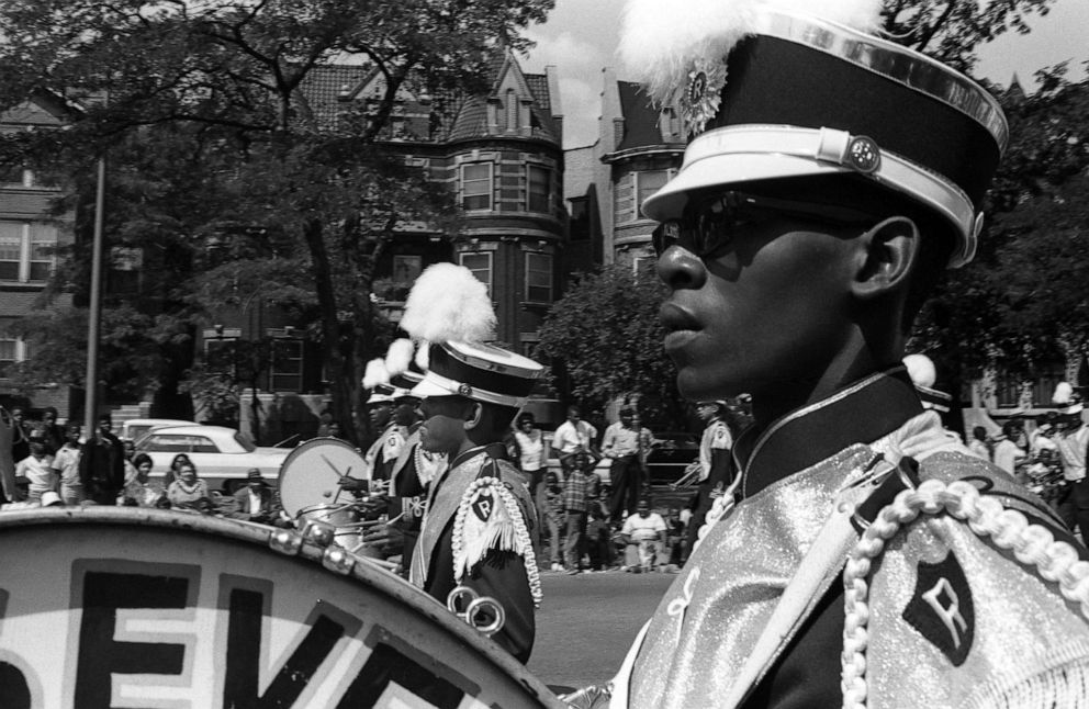 PHOTO: A drummer with the Roosevelt marching band performs in the Bud Billiken Day parade, in Chicago, in 1967. 
