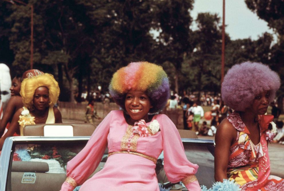 PHOTO: Women sit on a float during the Bud Billiken Day parade in Chicago, in August, 1973. 