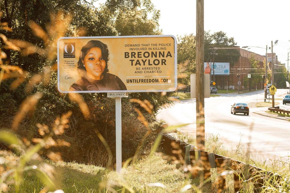 PHOTO: A billboard featuring a picture of Breonna Taylor and calling for the arrest of police officers involved in her death is seen on Aug. 11, 2020, in Louisville, Ky.