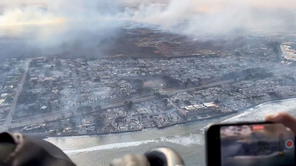 PHOTO: An aerial view shows damage along the coast of Lahaina in the aftermath of wildfires in Maui, Hawaii, Aug. 9, 2023.