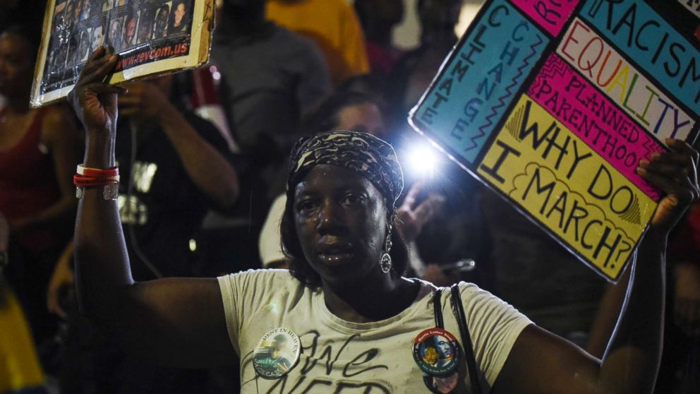 PHOTO: A woman joins demonstrators outside the St. Louis Justice Center following multiple arrests, Sept. 17, protesting the acquittal of former St. Louis police officer Jason Stockley, Sept. 18, 2017, in St. Louis, Mo.