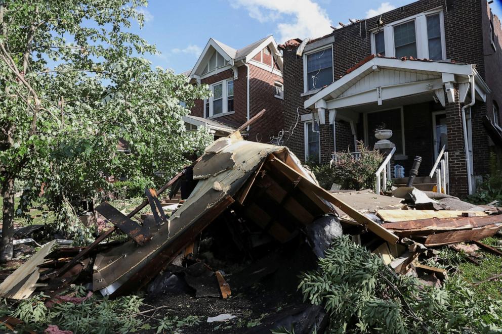 PHOTO: A collapsed roof lies in a front yard after tornadoes ripped through, damaging homes and scattering debris across residential neighborhoods, in St.Louis, Missouri, May 16, 2025.
