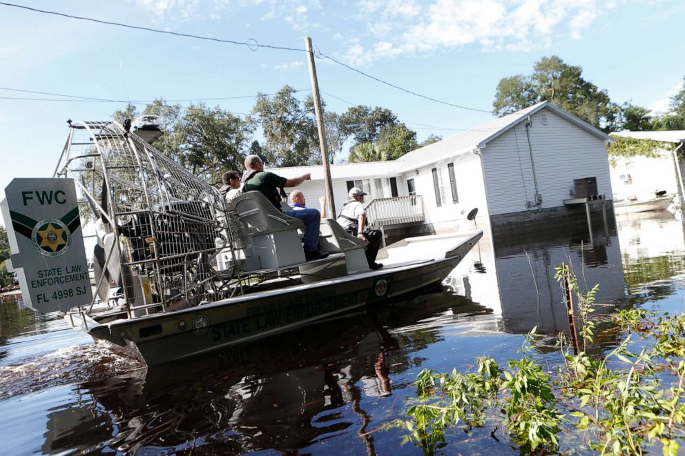 PHOTO: In this Sept. 2, 2016, file photo, law enforcement officers use an airboat to survey damage around homes from high winds and storm surge associated with Hurricane Hermine which made landfall overnight in St. Marks, Fla.