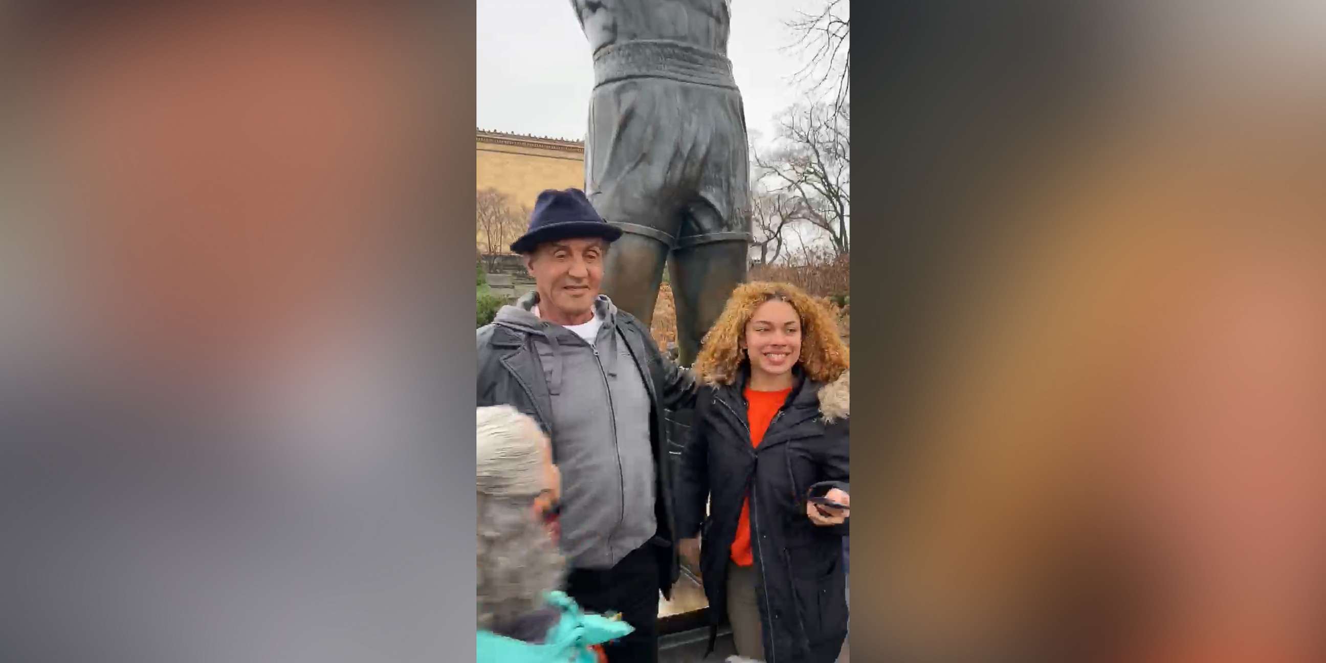 PHOTO: Sylvester Stallone surprised a group of students visiting his famous bronze statue in front of the Philadelphia Museum of Art, Dec. 16, 2019.