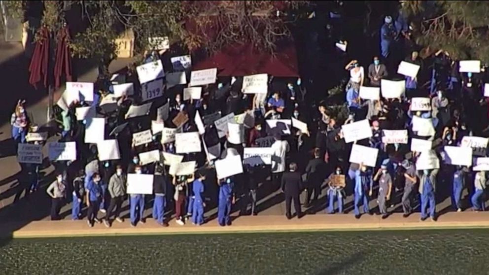 PHOTO: Residents protest Stanford Medical Center's vaccine distribution plan, Dec. 18, 2020, in Palo Alto, Calif.