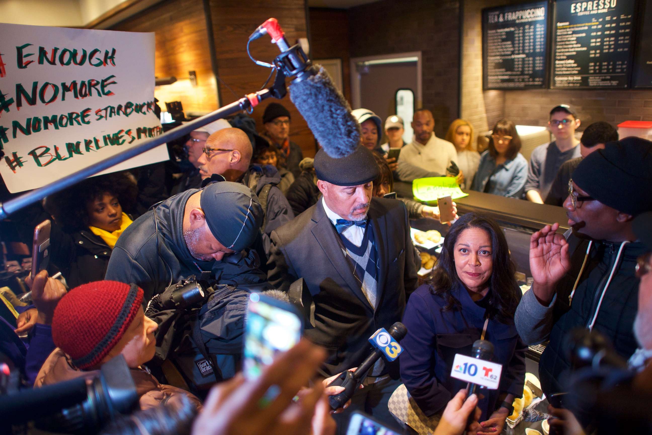 PHOTO: Starbucks Mid-Atlantic Regional Vice President Camille Hymes addresses protesters and media in a Center City Starbucks on April 15, 2018 in Philadelphia, Pennsylvania.