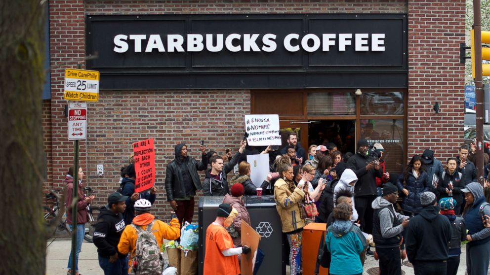 PHOTO: Protesters demonstrate outside a Center City Starbucks, April 15, 2018 in Philadelphia.
