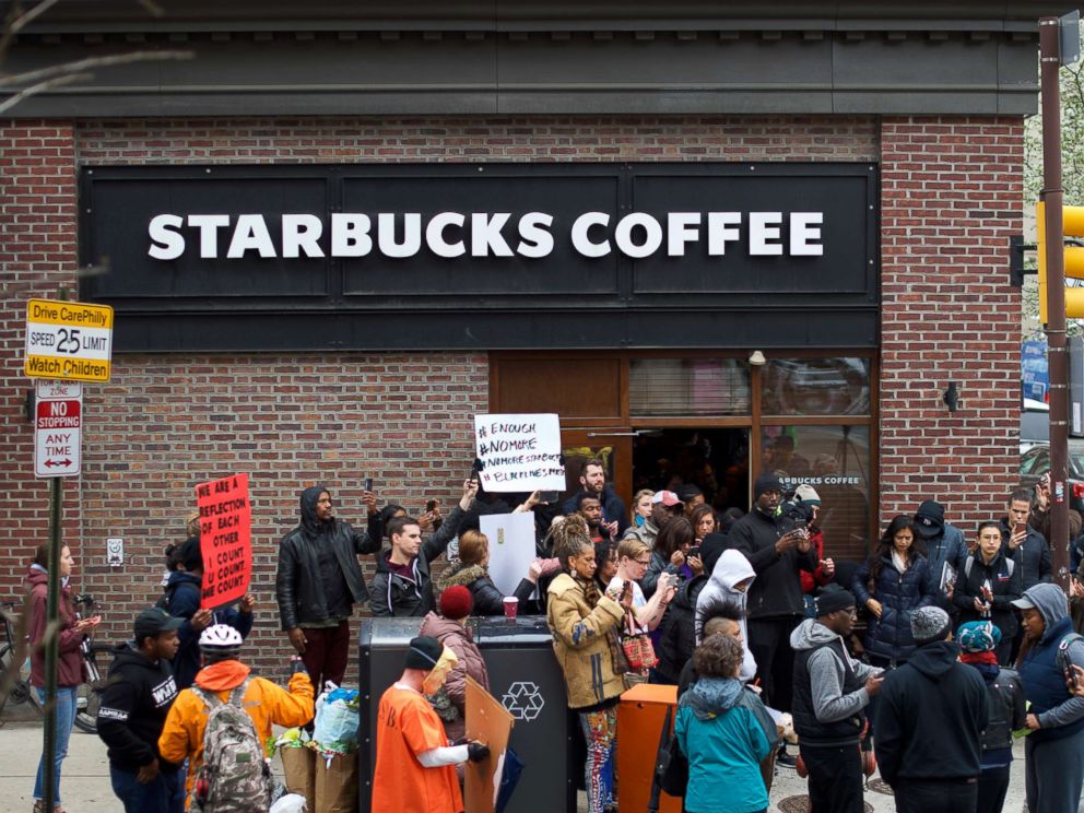 PHOTO: Protesters demonstrate outside a Center City Starbucks, April 15, 2018 in Philadelphia.