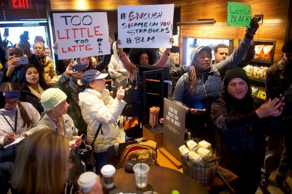 PHOTO: In this Aug. 15, 2018, file photo, protestors demonstrates inside a Center City Starbucks in Philadelphia.