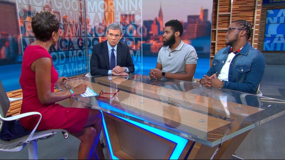 PHOTO: Rashon Nelson and Donte Robinson appear on "Good Morning America," with their lawyer attorney Stewart Cohen, May 3, 2018.