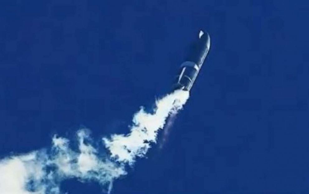 PHOTO: This SpaceX video frame grab image shows SpaceX's Starship SN8 rocket prototype taking off at the company's Boca Chica, Texas, facility during an attempted high-altitude launch test on Dec. 9, 2020.