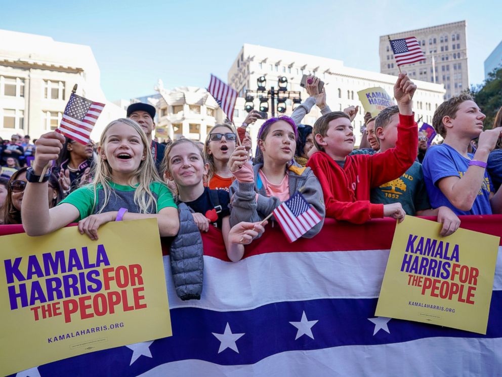 PHOTO: Kids listen to Democratic Sen. Kamala Harris, of California, as she formally launches her presidential campaign at a rally in her hometown of Oakland, Calif., Sunday, Jan. 27, 2019.