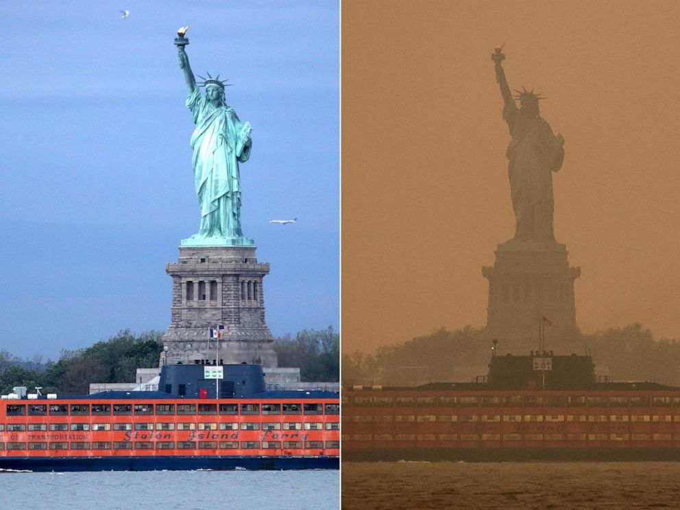 PHOTO: The Staten Island Ferry goes past the Statue of Liberty in New York on May 21, 2017, and on June 6, 2023.