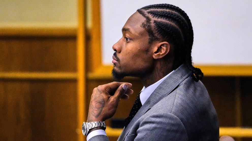 PHOTO: Former New England Patriots wide receiver Stefon Diggs appears in court during his trial at Norfolk County District Court, May 5, 2026, in Dedham, Mass. 