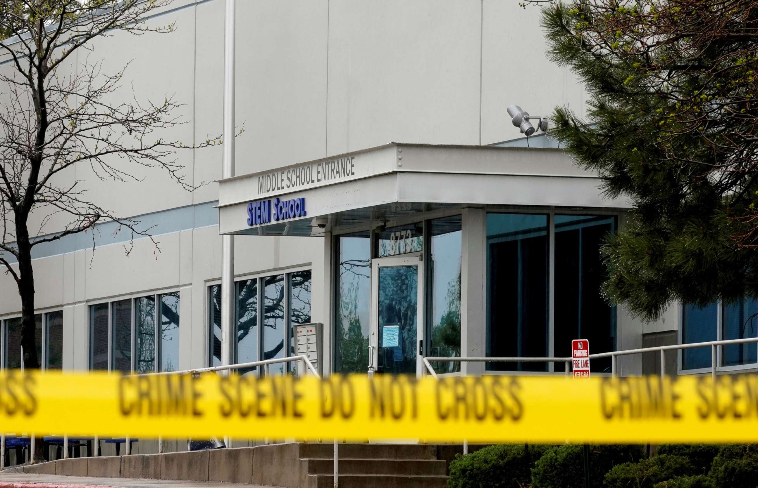 PHOTO: Crime scene tape is seen outside the school following the shooting at the STEM School in Highlands Ranch, Colo., May 8, 2019.