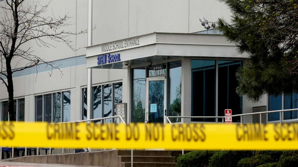 PHOTO: Crime scene tape is seen outside the school following the shooting at the STEM School in Highlands Ranch, Colo., May 8, 2019.