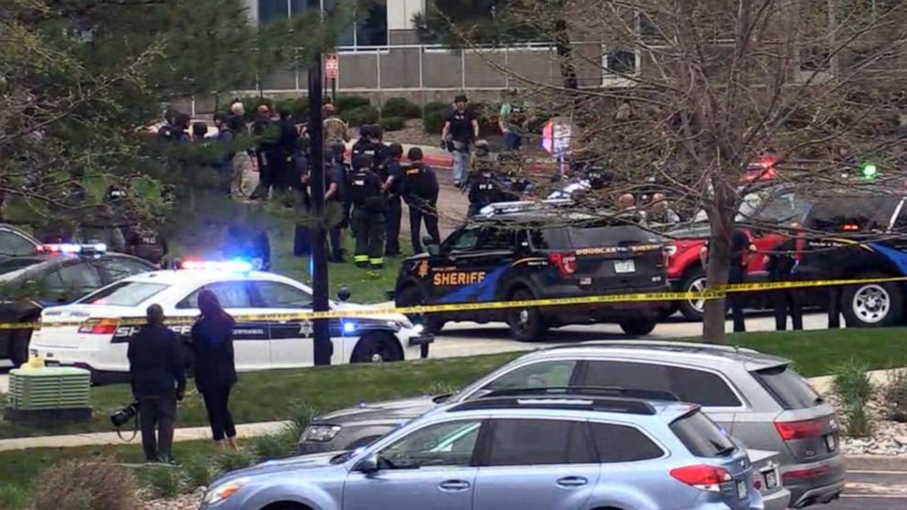 PHOTO: First responders gather after a shooting at a STEM School Highlands Ranch in Highlands Ranch, Colo., May 7, 2019.