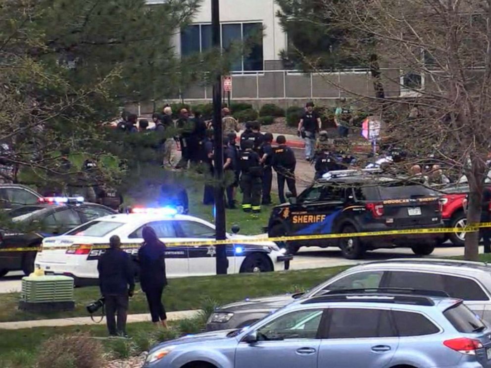 PHOTO: First responders gather after a shooting at a STEM School Highlands Ranch in Highlands Ranch, Colo., May 7, 2019.