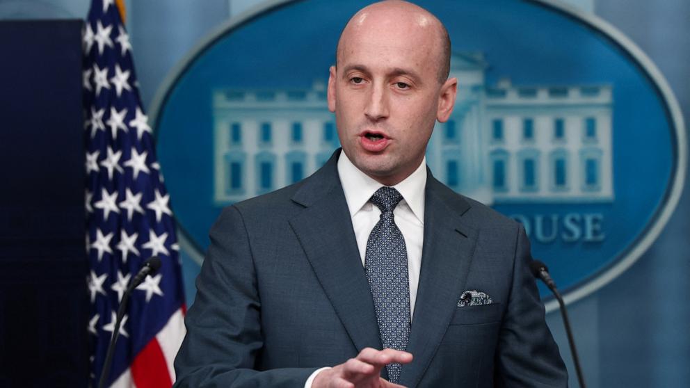 PHOTO: White House Deputy Chief of Staff Stephen Miller speaks to reporters during a press briefing at the White House in Washington, May 1, 2025.