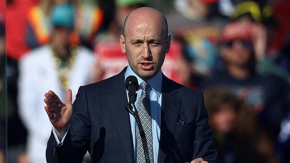 PHOTO: Stephen Miller, Campaign advisor of Republican presidential nominee and former President Donald Trump, speaks at a campaign rally for former U.S. President Trump in Lititz, Pennsylvania, Nov. 3, 2024.