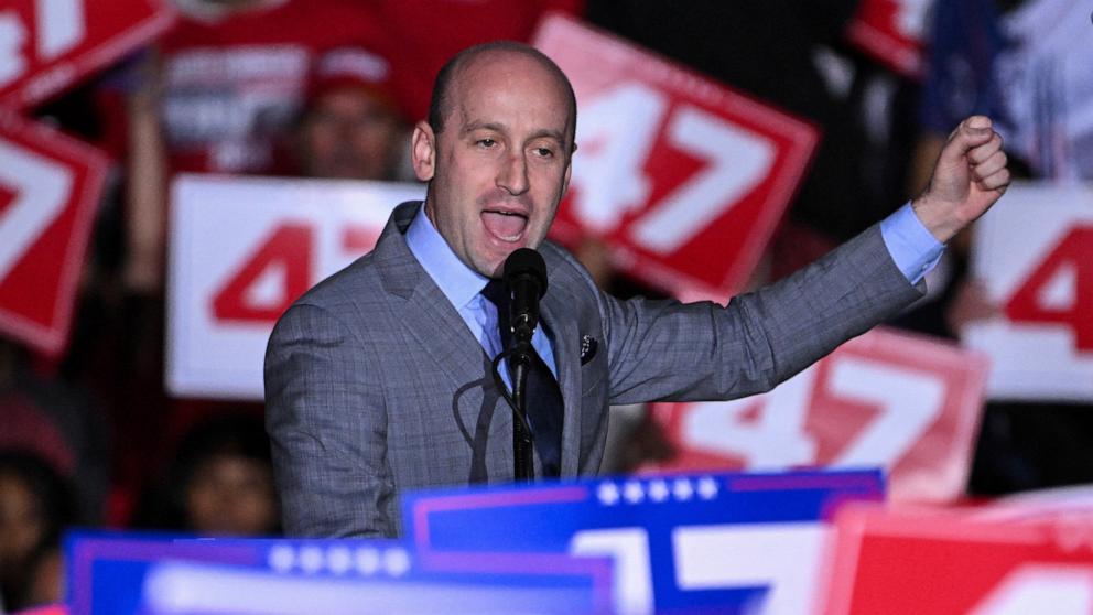 PHOTO: Political advisor Stephen Miller speaks at a rally for former US President and Republican presidential candidate Donald Trump in Novi, Michigan, Oct. 26, 2024.