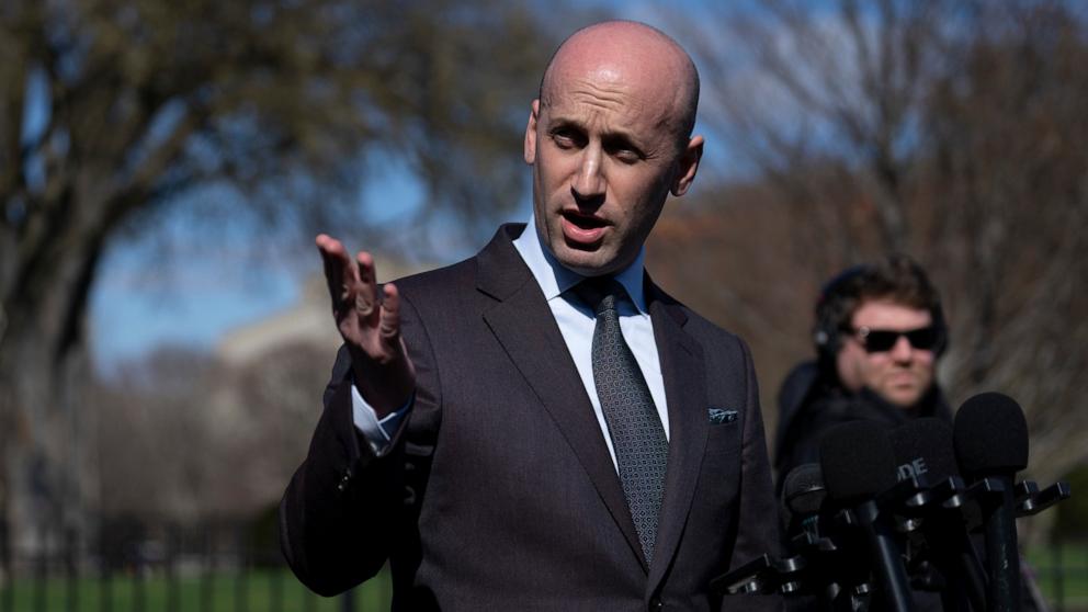 PHOTO: Deputy White House chief of staff Stephen Miller speaks to reporters at the White House in Washington, Mar. 17, 2025.