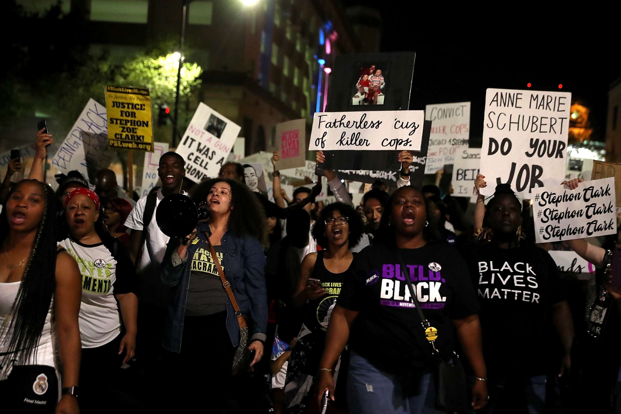 PHOTO: Black Lives Matter protesters march through the streets of Sacramento during a demonstration, March 30, 2018 in Sacramento, Calif., demanding justice for Stephon Clark, who was shot and killed by Sacramento police on March 18.