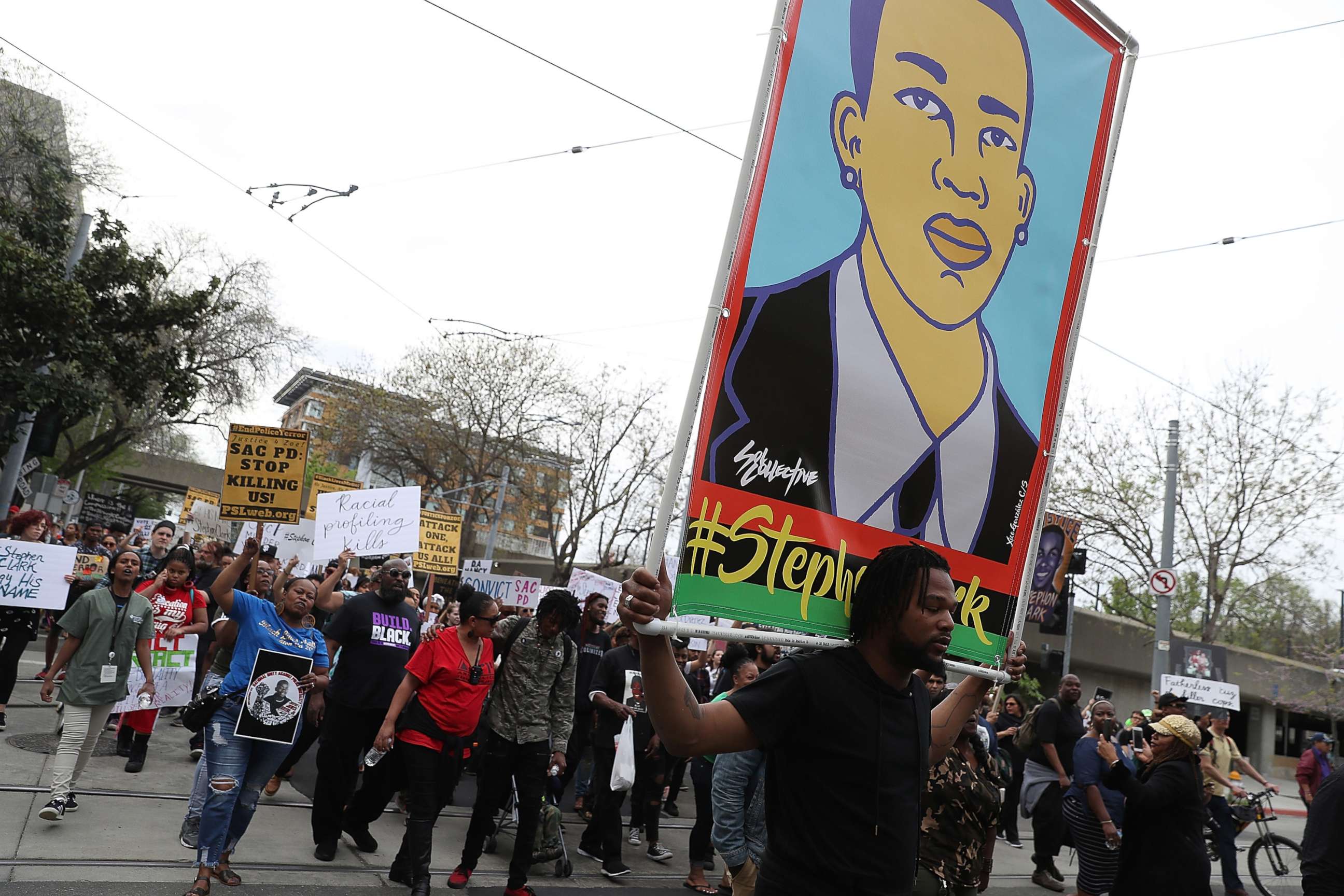 PHOTO: Black Lives Matter protesters take to the streets during a march and demonstration on April 4, 2018, in Sacramento, Calif.